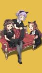  3girls animal animal_ears bangs black_cat black_dress black_legwear brown_eyes brown_hair cat cat_ears commentary_request couch dress fake_animal_ears guriko_(mossari) high_heels highres holding holding_animal holding_cat idolmaster idolmaster_million_live! kitazawa_shiho long_hair makabe_mizuki mary_janes minase_iori multiple_girls pantyhose parted_bangs puffy_short_sleeves puffy_sleeves purple_hair shoes short_hair short_sleeves sitting squatting swept_bangs yellow_background yellow_eyes 