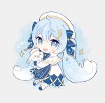  1girl 2021 animal beret blue_bow blue_eyes blue_neckwear bow capelet chibi commentary dress full_body fur-trimmed_capelet fur_trim gold_trim greyscale hair_bow hat hatsune_miku holding holding_animal light_blue_hair long_hair looking_at_viewer maple_(57675110) monochrome open_mouth rabbit rabbit_yukine smile snowflake_print sparkle string_of_light_bulbs treble_clef twintails very_long_hair vocaloid white_capelet white_dress white_headwear yuki_miku yuki_miku_(2021) 