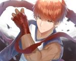  1boy absurdres artist_name bangs blue_shirt blurry blurry_background brown_hair collarbone commentary emiya_shirou fate/stay_night fate_(series) hand_up highres kanniepan looking_at_viewer male_focus multicolored_shirt muscle raglan_sleeves serious shirt short_hair shroud_of_martin solo torn_clothes torn_shirt upper_body white_shirt 