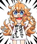  1girl :d ahoge bangs blue_eyes blush_stickers braid brown_hair clothes_writing collarbone eyebrows_visible_through_hair flower hair_between_eyes hair_flower hair_ornament hands_on_hips kanikama long_hair lowres nijisanji open_mouth otogibara_era shirt short_sleeves smile solo translation_request very_long_hair virtual_youtuber white_background white_flower white_shirt 