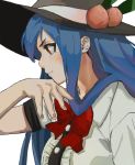  1girl artist_request bangs black_headwear blouse blue_hair blush bow bowtie buttons center_frills closed_mouth commentary_request dress_shirt food frills fruit hair_between_eyes hand_on_own_chin hand_up hat hinanawi_tenshi leaf leaf_on_head long_hair peach profile puffy_short_sleeves puffy_sleeves red_bow red_eyes red_neckwear shirt short_sleeves sidelocks simple_background smirk solo touhou upper_body v-shaped_eyebrows white_background white_blouse white_shirt wing_collar 