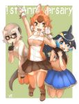  3girls :d absurdres animal_ear_fluff animal_ears anniversary bare_shoulders black_gloves black_hair blonde_hair blowhole blue_dress blue_eyes blue_hair bow bowtie brown_skirt commentary_request common_dolphin_(kemono_friends) dhole_(kemono_friends) dog_ears dog_girl dog_tail dolphin_tail dorsal_fin dress extra_ears eyebrows_visible_through_hair fangs finger_to_mouth frilled_dress frills glasses gloves green_background highres kemono_friends kemono_friends_3 light_brown_hair long_sleeves looking_at_viewer meerkat_(kemono_friends) meerkat_ears meerkat_tail multicolored_hair multiple_girls open_mouth orange_eyes pleated_dress pleated_skirt sailor_dress short_hair simple_background skirt sleeveless sleeveless_dress smile sweater tail thigh-highs thin_(suzuneya) white_gloves white_hair white_neckwear yellow_eyes zettai_ryouiki 