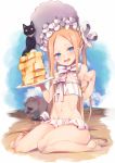  1girl abigail_williams_(fate/grand_order) abigail_williams_(swimsuit_foreigner)_(fate) bangs bare_shoulders beach bikini black_cat blonde_hair blue_eyes blue_sky blush bonnet bow breasts cat fate/grand_order fate_(series) food forehead hair_bow highres legs long_hair looking_at_viewer miniskirt navel nigo open_mouth pancake parted_bangs plate shore sidelocks sitting skirt sky small_breasts smile swimsuit twintails very_long_hair wariza white_bikini white_bow white_headwear 