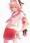  1boy astolfo_(fate) black_bow bow braid fate/apocrypha fate/grand_order fate_(series) hair_intakes hand_on_hip long_braid long_hair looking_at_viewer male_focus midriff multicolored_hair navel neckerchief open_mouth otoko_no_ko pink_hair pink_skirt pleated_skirt red_sailor_collar sailor_collar school_uniform serafuku shirt short_sleeves simple_background single_braid skirt solo standing streaked_hair thigh-highs tiri00 violet_eyes white_background white_hair white_legwear white_shirt zettai_ryouiki 