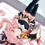  1boy animal_ears armor armored_dress astolfo_(fate) astolfo_(saber)_(fate) bangs black_bow black_gloves black_legwear black_ribbon bow bowtie bunny_hair_ornament card closed_mouth dress fate/grand_order fate_(series) gloves hair_bow hair_intakes hair_ornament hair_ribbon happy highres holding holding_card isuzu_(an_icy_cat) long_hair long_sleeves looking_at_viewer low_twintails lying male_focus midriff multicolored_hair on_back otoko_no_ko pink_hair rabbit_ears ribbon smile solo streaked_hair thigh-highs twintails violet_eyes 