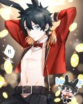  ! !! 1boy animal_ears belt black_hair blue_eyes bow bowtie bunny_boy chibi chibi_inset detached_collar english_text epaulettes fake_animal_ears fate/grand_order fate_(series) fujimaru_ritsuka_(male) haisato_(ddclown14) jacket looking_at_viewer male_focus meme_attire poker_chip rabbit_ears red_jacket red_neckwear reverse_bunnysuit reverse_outfit signature solo spoken_exclamation_mark 