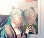  2girls aqua_hair bang_dream! bangs bow braid closed_eyes closed_mouth collared_shirt different_reflection eyebrows_visible_through_hair green_eyes green_jacket grey_jacket hair_between_eyes hair_bow hand_on_window hand_up highres hikawa_hina hikawa_sayo jacket light_particles light_smile long_hair long_sleeves looking_at_another looking_to_the_side medium_hair multiple_girls open_clothes open_jacket reflection seat shirt siblings sisters swept_bangs train_interior twin_braids twins upper_body walluku white_shirt window yellow_bow 