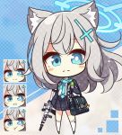  1girl 7:08 animal_ears bag blue_archive blue_eyes blue_neckwear blush_stickers cat_ears chibi cross_hair_ornament eyebrows_visible_through_hair gloves grey_hair gun hair_between_eyes hair_ornament halo highres long_hair looking_at_viewer multiple_views necktie rifle scarf school_uniform shiroko_(blue_archive) skirt solo weapon white_legwear 