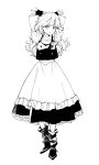  1girl absurdres apron arms_behind_back black_dress bow braid buttons dress frilled_dress frills greyscale highres kirisame_marisa looking_at_viewer medium_hair monochrome natsume_(menthol) pose puffy_sleeves shoes short_sleeves side_braid solo standing touhou waist_apron white_bow 