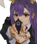  1girl aiming_at_viewer animal_ears artist_request asymmetrical_bangs bangs black_jacket blazer blouse collared_blouse commentary_request finger_on_trigger gun hair_between_eyes hands_up highres holding holding_gun holding_weapon jacket long_hair long_sleeves necktie open_mouth purple_hair rabbit_ears red_eyes red_nails red_neckwear reisen_udongein_inaba simple_background solo touhou two-handed upper_body v-shaped_eyebrows weapon white_background white_blouse wing_collar 