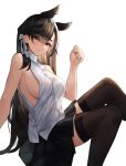  1girl absurdres animal_ears atago_(azur_lane) azur_lane bangs black_hair black_legwear black_skirt breasts brown_eyes casual commentary covered_nipples dog_ears earrings extra_ears from_side hair_ribbon head_tilt highres huge_filesize jewelry large_breasts legs_together long_hair looking_at_viewer lordol mole mole_under_eye no_bra ribbon see-through_silhouette shirt sideboob simple_background sitting skirt sleeveless sleeveless_shirt solo swept_bangs thigh-highs white_background white_ribbon 