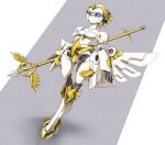  1girl bttfghn dutch_angle holding holding_staff looking_up mecha mechanical_wings mini_wings no_humans open_hand original robot solo staff standing white_background wings 