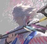  1boy ahoge bangs bishounen center_frills closed_eyes fate/grand_order fate_(series) flower flower_knot hair_between_eyes hair_ornament holding holding_staff holding_weapon hood hood_down hooded_robe long_hair looking_to_the_side male_focus merlin_(fate) multicolored_hair parted_lips petals pink_ribbon ribbon robe solo staff tassel turtleneck two-tone_hair very_long_hair violet_eyes weapon white_hair white_robe yooget 