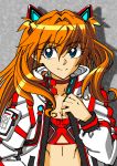  1girl animal_ears arm_at_side bangs blue_eyes cat_ears check_commentary choker commentary commentary_request eyebrows_visible_through_hair grey_background hair_between_eyes hair_ornament idol jacket long_hair looking_at_viewer neon_genesis_evangelion orange_hair parody_request rebuild_of_evangelion red_choker red_neckwear shikinami_asuka_langley shiny shiny_hair skirt smile souryuu_asuka_langley two_side_up upper_body white_jacket yamayoshi 