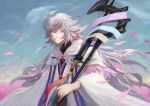  1boy absurdres ahoge bangs bishounen center_frills clouds fate/grand_order fate_(series) field flower flower_field flower_knot hair_between_eyes hair_ornament highres holding holding_staff holding_weapon hood hood_down hooded_robe light_smile long_hair long_sleeves male_focus merlin_(fate) multicolored_hair pants petals pink_eyes pink_ribbon ribbon robe shaded_face sky smile solo staff tassel torittekawaii turtleneck two-tone_hair very_long_hair weapon white_hair white_robe wide_sleeves 