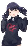  1girl bangs black_hair black_jacket closed_eyes commentary cosplay fangs fukumaru_koito highres higuchi_madoka hiroki_(yyqw7151) idolmaster idolmaster_shiny_colors jacket looking_at_viewer no_pants open_mouth print_jacket skin_fangs sleeves_past_wrists solo sweatshirt swept_bangs twintails white_background wind 