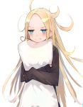  1girl abigail_williams_(fate/grand_order) bangs black_shirt blonde_hair blue_eyes blush closed_mouth commentary_request eyebrows_visible_through_hair fate/grand_order fate_(series) forehead frown long_hair long_sleeves messy_hair parted_bangs pillow pillow_hug shirt simple_background sleeves_past_wrists solo tota_(sizukurubiks) very_long_hair white_background 