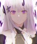  1girl absurdres bangs bell_(pixiv12536604) closed_mouth collarbone echidna_(re:zero) hair_between_eyes hair_ornament highres long_hair looking_at_viewer portrait re:zero_kara_hajimeru_isekai_seikatsu silver_hair solo straight_hair violet_eyes 