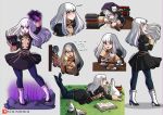  ! 3girls artist_name blue_hair blush book boots cake candle commentary crying crying_with_eyes_open english_commentary english_text fire_emblem fire_emblem:_three_houses food fruit full_body garreg_mach_monastery_uniform grass grey_background heart heart-shaped_pupils high_heel_boots high_heels highres hilda_valentine_goneril holding holding_book kinkymation long_hair long_sleeves lying lysithea_von_ordelia marianne_von_edmund multiple_girls multiple_views on_stomach open_mouth pantyhose pink_eyes pink_hair rabbit simple_background skirt smile standing strawberry symbol-shaped_pupils tears teeth tongue twintails watermark white_hair 