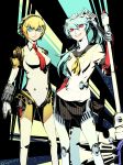  2girls aegis_(persona) android aqua_hair blonde_hair blue_eyes highres joints labrys long_hair looking_at_viewer multiple_girls necktie persona persona_3 persona_4:_the_ultimate_in_mayonaka_arena red_eyes red_neckwear robot_joints short_hair warfakaid 