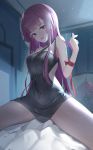  1girl :d bangs bare_shoulders bed bed_sheet black_dress blush breasts collarbone commentary dress fang girls_frontline highres indoors large_breasts long_hair looking_at_viewer medium_breasts on_bed open_mouth purple_hair red_eyes ribbon sitting sleeveless sleeveless_dress smile solo spread_legs wa2000_(girls_frontline) zoneky 