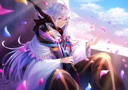  1boy ahoge bangs bishounen black_pants center_frills fate/grand_order fate_(series) flower flower_knot hair_between_eyes hair_ornament highres holding holding_staff holding_weapon hood hood_down hooded_robe light_smile lightpiyoshi long_hair long_sleeves looking_at_viewer male_focus merlin_(fate) multicolored_hair pants petals pink_ribbon ribbon robe sitting smile solo staff tassel turtleneck two-tone_hair very_long_hair violet_eyes weapon white_hair white_robe wide_sleeves 