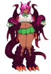  1girl arms_at_sides blush breasts claws closed_mouth dark_skin dragon_girl dragon_horns english_commentary extra_mouth full_body green_neckwear green_skirt horns jabberwock_(monster_girl_encyclopedia) large_breasts long_hair looking_at_viewer microskirt midriff monster_girl monster_girl_encyclopedia navel nose_blush pink_hair pleated_skirt pout rtil school_uniform second-party_source serafuku shirt simple_background skindentation skirt standing stomach tail thick_thighs thighs violet_eyes white_background 
