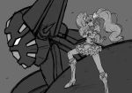  1girl bangs crossed_arms crossover cure_peach fresh_precure! from_side getter_robo hamuten_(hmltzero) long_hair magical_girl mecha momozono_love monochrome precure shin_getter-1 shin_getter_robo sketch super_robot twintails 