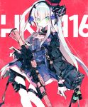  1girl assault_rifle black_hairband black_jacket blue_dress character_name commentary_request dress explosive feet_out_of_frame girls_frontline gloves green_eyes grenade gun h&amp;k_hk416 hair_ornament hairband hat highres hk416_(girls_frontline) jacket long_hair looking_at_viewer meto_(metrin) mini_hat name_tag red_background rifle solo thigh_pouch weapon white_gloves white_hair 