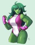  1girl breasts fingerless_gloves gloves green_eyes green_hair green_skin hand_on_hip large_breasts leotard marvel muscle muscular_female phons0 purple_gloves she-hulk smile solo 