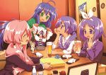  4girls bangs beer_mug blue_hair blush bow bow_hairband chin_rest closed_eyes collared_shirt commentary_request cup drinking_glass drinking_straw eyebrows_visible_through_hair gift glass glasses green_eyes green_shirt hair_bow hair_tie hairband hiiragi_kagami hiiragi_tsukasa holding holding_clothes holding_cup hotaru_iori izumi_konata jacket long_hair looking_at_another lucky_star mole mole_under_eye mug multiple_girls napkin open_mouth pink_hair poster_(object) purple_hair purple_jacket shirt siblings sisters sitting smile standing sweatdrop table takara_miyuki twins very_long_hair violet_eyes wavy_mouth white_hairband white_shirt |d 
