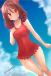  1girl ass_visible_through_thighs blue_sky bow breasts brown_hair casual_one-piece_swimsuit clouds commentary_request cowboy_shot dress_swimsuit drill_hair frilled_swimsuit frills hair_bow harukaze_(kantai_collection) highres kamijou_sadame kantai_collection looking_at_viewer one-piece_swimsuit red_bow red_eyes red_swimsuit sky small_breasts solo swimsuit twin_drills twitter_username 