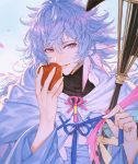  1boy ahoge apple bangs bishounen center_frills fate/grand_order fate_(series) flower flower_knot food fruit hair_between_eyes hair_ornament holding holding_food holding_fruit holding_staff holding_weapon hood hood_down hooded_robe long_hair long_sleeves male_focus merlin_(fate) multicolored_hair pants parted_lips petals pink_ribbon ribbon robe shaliva simple_background solo staff tassel turtleneck two-tone_hair upper_body very_long_hair violet_eyes weapon white_background white_hair white_robe wide_sleeves 