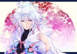  1boy ahoge artist_name bangs bishounen center_frills fate/grand_order fate_(series) flower flower_knot hair_between_eyes hair_ornament hood hood_down hooded_robe long_hair long_sleeves looking_to_the_side male_focus merlin_(fate) multicolored_hair pants petals pink_ribbon ribbon robe simple_background solo taito1020 tassel turtleneck two-tone_hair upper_body very_long_hair violet_eyes white_background white_hair white_robe wide_sleeves 