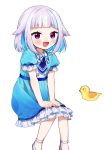  1girl :d animal bird blue_dress blue_hair blue_neckwear blush collared_dress commentary_request dress duck feet_out_of_frame frilled_dress frills hair_flaps lize_helesta looking_at_viewer multicolored_hair nijisanji open_mouth puffy_short_sleeves puffy_sleeves sebastian_piyodore shoes short_sleeves silver_hair simple_background sitting smile two-tone_hair violet_eyes virtual_youtuber white_background white_footwear yamabukiiro younger 