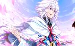  1boy ahoge bangs bishounen center_frills chimachi clouds eyebrows fate/grand_order fate_(series) flower flower_knot hair_between_eyes hair_ornament highres hood hood_down hooded_robe long_hair long_sleeves looking_to_the_side male_focus merlin_(fate) multicolored_hair open_mouth petals pink_ribbon ribbon robe sky solo tassel turtleneck two-tone_hair upper_body very_long_hair violet_eyes white_hair white_robe wide_sleeves 