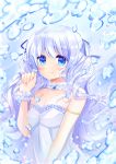  1girl absurdres air_bubble bangs bare_shoulders blue_eyes blue_hair blue_ribbon blush bubble closed_mouth dress eyebrows_visible_through_hair frilled_dress frills hair_between_eyes hair_ribbon hand_up highres long_hair looking_at_viewer original ribbon shikito smile solo strapless strapless_dress tears two_side_up very_long_hair water white_dress wrist_cuffs 