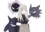  1girl bangs blonde_hair blunt_bangs blush crossover dress dungeon_meshi falin_thorden frs2 fur_trim gastly gen_1_pokemon gengar haunter long_sleeves looking_at_viewer pokemon simple_background smile tareme white_background yellow_eyes younger 