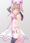  1girl animal_hood arms_up bangs bikini blonde_hair breasts eyebrows_visible_through_hair fate/grand_order fate/kaleid_liner_prisma_illya fate_(series) from_side gloves grey_background heart heart-shaped_pupils hood hood_up illyasviel_von_einzbern illyasviel_von_einzbern_(swimsuit_archer)_(fate) looking_at_viewer micro_bikini one_eye_closed raincoat red_eyes see-through shiny shiny_clothes simple_background small_breasts solo soukai_(lemonmaiden) striped striped_gloves striped_legwear sweatdrop swimsuit symbol-shaped_pupils thigh-highs 