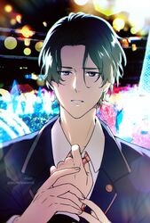  1boy artist_name black_hair collared_shirt commentary formal fujiwara_shuu holding_hand kaze-hime long_sleeves looking_at_viewer male_focus necktie pov shirt short_hair solo_focus suit tsurune:_kazemai_koukou_kyuudoubu upper_body violet_eyes wing_collar 