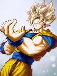  1boy blonde_hair blue_eyes blurry bracer closed_mouth cowboy_shot depth_of_field dragon_ball dragon_ball_z highres looking_at_viewer male_focus mattari_illust muscle serious solo son_gokuu spiky_hair standing super_saiyan super_saiyan_1 