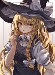  1girl black_headwear black_vest blonde_hair bow braid commentary_request grey_background hair_bow hand_up hat hat_bow highres kirisame_marisa long_hair open_mouth shirt short_sleeves single_braid solo touhou upper_body very_long_hair vest white_bow white_shirt witch_hat yanyan_(shinken_gomi) yellow_eyes 