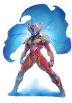  1boy alkaiser armor bodysuit cape clenched_hands full_armor full_body gloves head_wings helmet horns male_focus red_(saga_frontier) saga saga_frontier sentai simple_background single_horn solo tukiwani white_background 