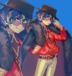  1boy aqua_eyes astel_leda belt belt_buckle bespectacled black_cape black_headwear blonde_hair blue_background blue_hair buckle cape closed_mouth fur_trim glasses gold holostars jewelry looking_at_viewer male_focus mebaru multicolored_hair multiple_views necklace open_mouth pants red_shirt shirt simple_background standing streaked_hair tongue tongue_out virtual_youtuber 