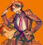  1boy ;d closed_eyes collared_shirt fang formal grin hand_on_hip holding holostars looking_at_viewer male_focus mebaru mole mole_under_eye multiple_views necktie one_eye_closed open_mouth orange_background orange_eyes orange_hair orange_theme pants red_neckwear shirt simple_background smile standing suit teeth virtual_youtuber yukoku_roberu 