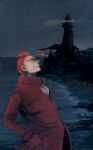  1boy closed_eyes coat hands_in_pockets horizon larten_crepsley lighthouse long_coat male_focus night night_sky ocean orange_hair red_coat short_hair sky smile solo the_saga_of_darren_shan 