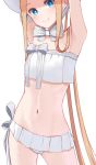  1girl abigail_williams_(fate/grand_order) abigail_williams_(swimsuit_foreigner)_(fate) armpits arms_up bangs bare_shoulders bikini blonde_hair blue_eyes blush bonnet bow breasts closed_mouth fate/grand_order fate_(series) forehead kopaka_(karda_nui) long_hair looking_at_viewer microskirt navel parted_bangs sidelocks simple_background skirt small_breasts smile swimsuit twintails very_long_hair white_background white_bikini white_bow white_headwear 