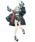  1girl :d breasts full_body green_eyes horns jacket ji_no little_match_girl_(sinoalice) looking_at_viewer molotov_cocktail official_art open_mouth oversized_clothes platform_footwear red_eyes scarf single_horn sinoalice sleeves_past_wrists small_breasts smile solo transparent_background upper_teeth 