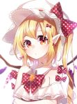  :o ametama_(runarunaruta5656) bangs blonde_hair blush bow bow_earrings bowtie crystal detached_collar drill_hair earrings embarrassed fang flandre_scarlet frills hat hat_bow highres jewelry long_hair mob_cap one_side_up pointy_ears polka_dot_neckwear raised_eyebrows red_bow red_neckwear side_drill sidelocks simple_background strapless surprised tareme touhou upper_body vampire white_background wings yellow_eyes 