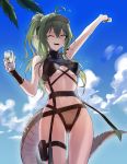  1girl ;d absurdres antenna_hair arknights arm_up bangs bare_arms bare_shoulders black_shirt blue_sky breasts clouds commentary cowboy_shot crocodilian_tail crop_top cup day drinking_glass english_commentary gavial_(arknights) green_hair groin hair_between_eyes highres holding holding_cup long_hair looking_at_viewer midriff navel one_eye_closed open_mouth pointy_ears ponytail shirt sky sleeveless sleeveless_shirt small_breasts smile solo standing stomach suprii tail thigh_strap thighs visor_cap yellow_eyes 